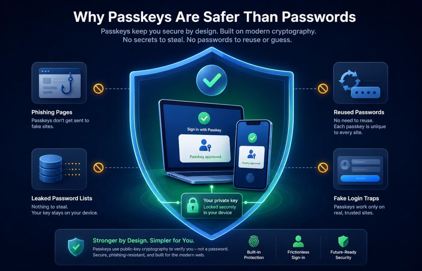 Passkey security shield showing protection against phishing, leaked passwords and reused passwords