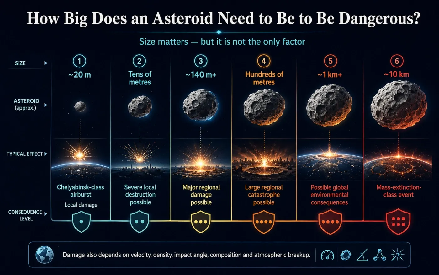 Scale comparing approximate asteroid diameters with Chelyabinsk, regional-damage, kilometre-scale and Chicxulub-class consequences