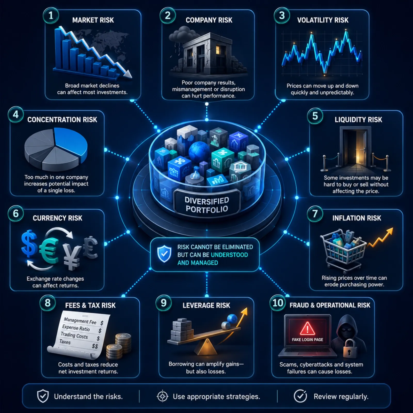 Beginner investment risk map covering market, company, volatility, concentration, liquidity, currency, inflation, fees, leverage and fraud