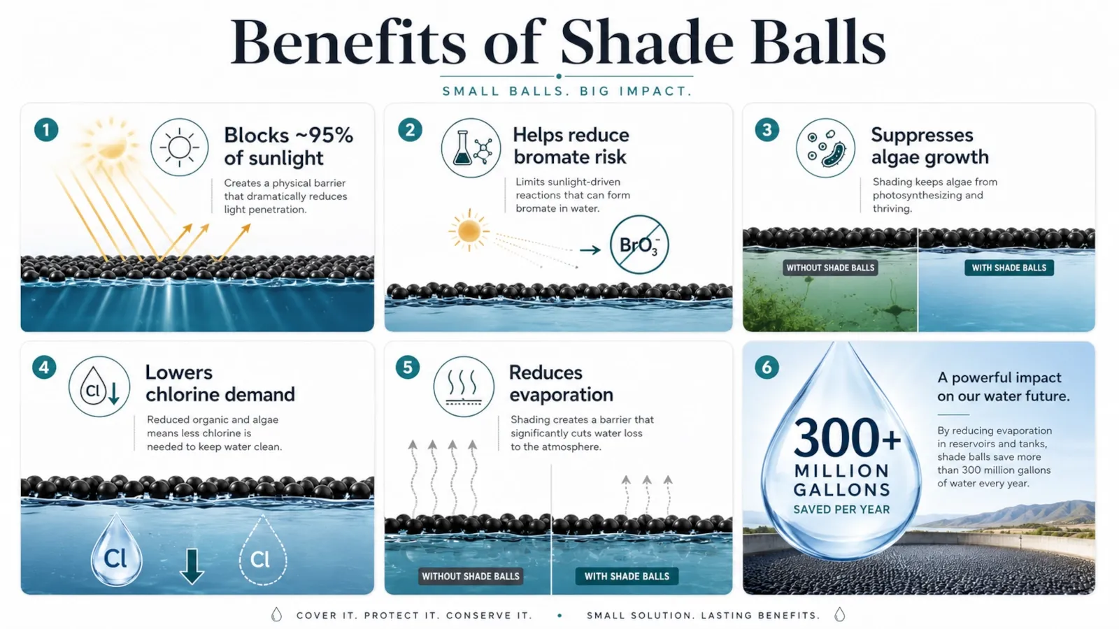 Infographic summarizing the main benefits of shade balls for water quality, algae control, chlorine demand, and evaporation reduction