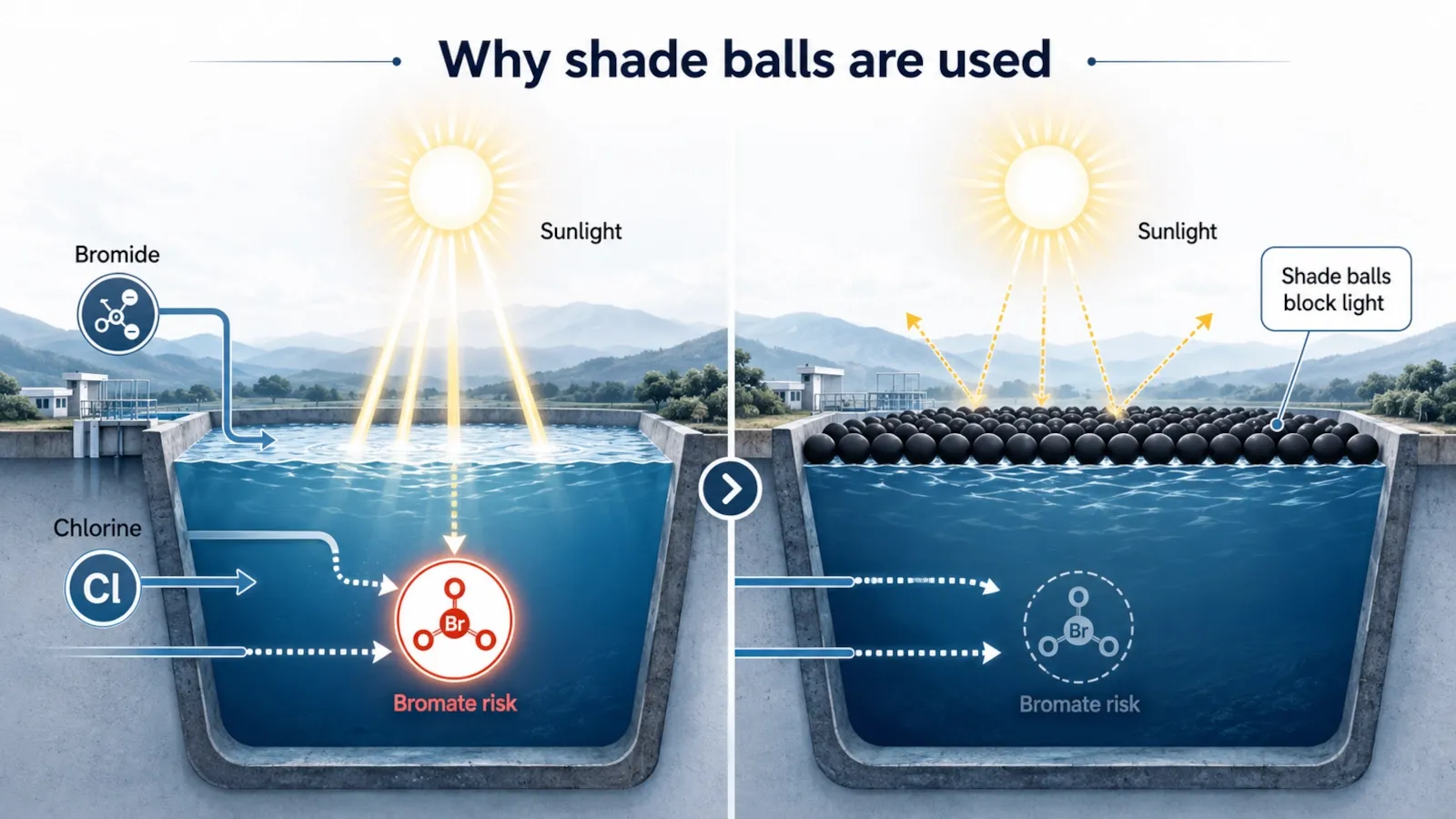 Infographic explaining how bromide, chlorine, and sunlight can contribute to bromate formation