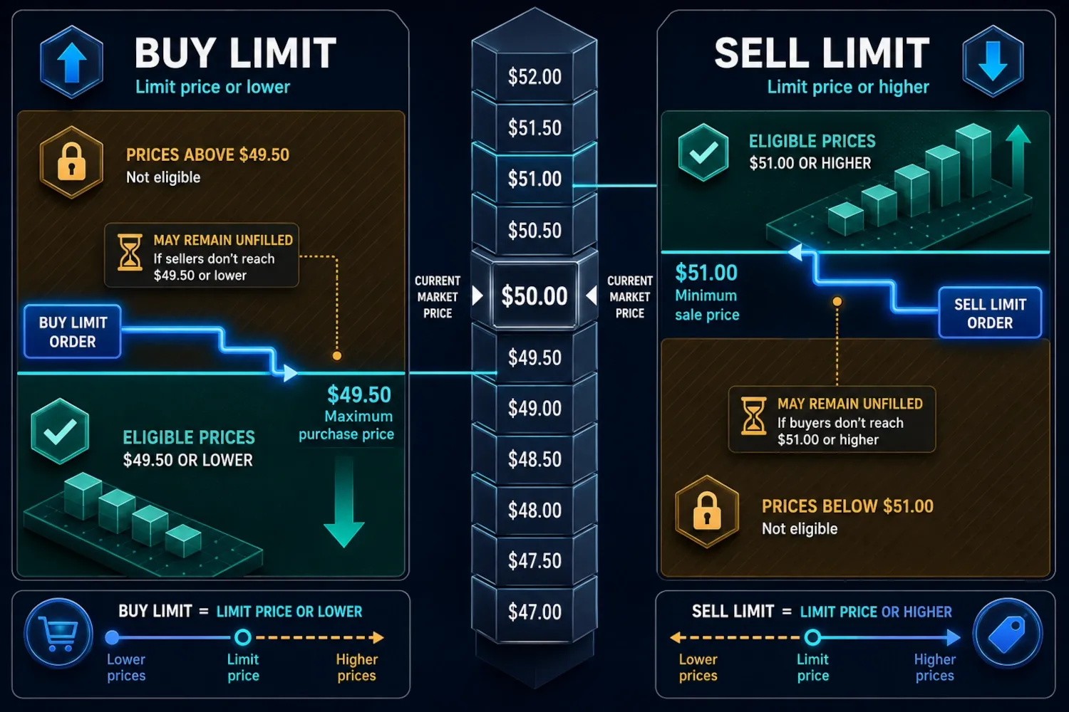 Buy limit setting a maximum purchase price and sell limit setting a minimum sale price