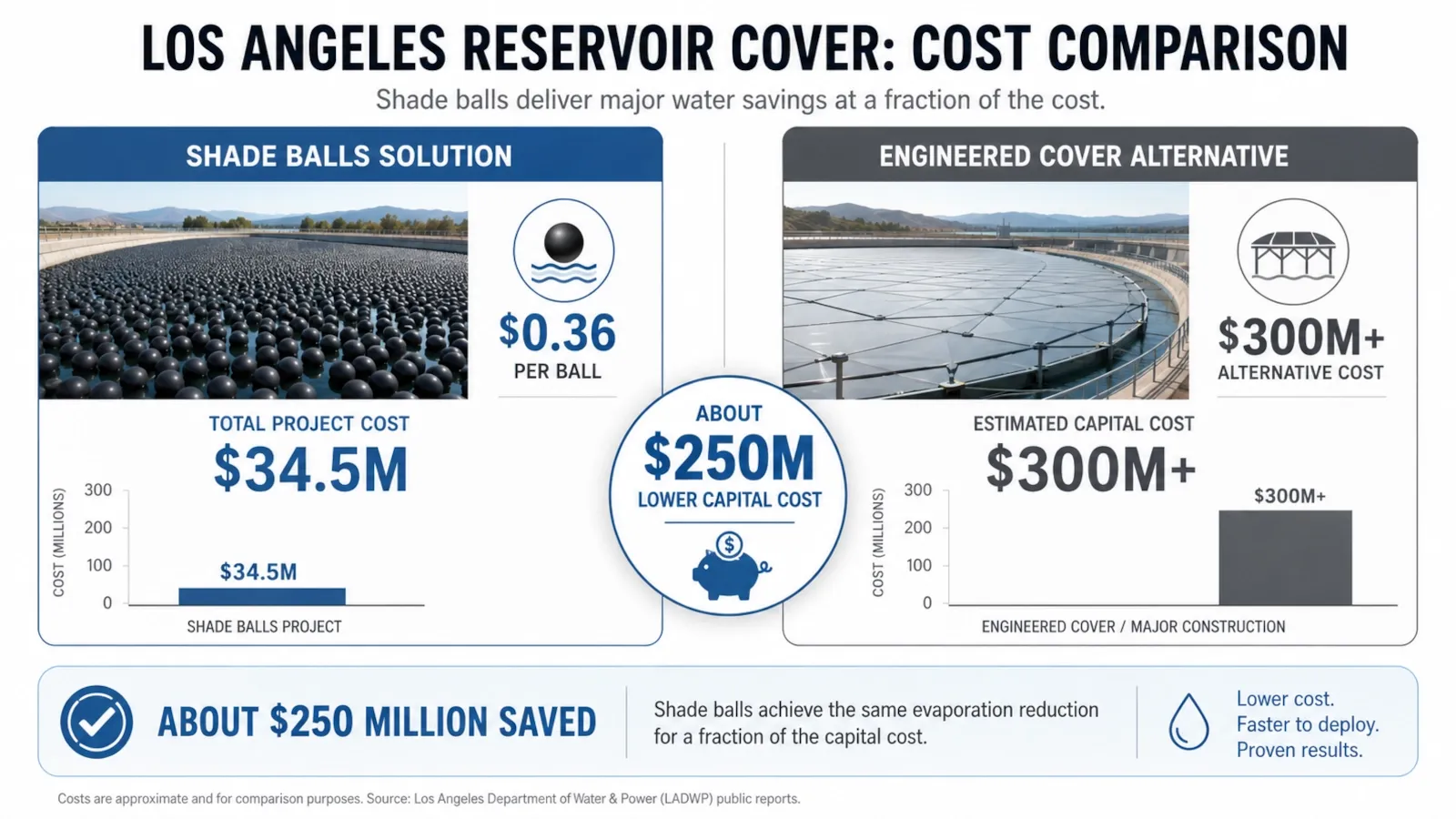 Comparison infographic showing the estimated cost of shade balls versus much more expensive reservoir-cover alternatives