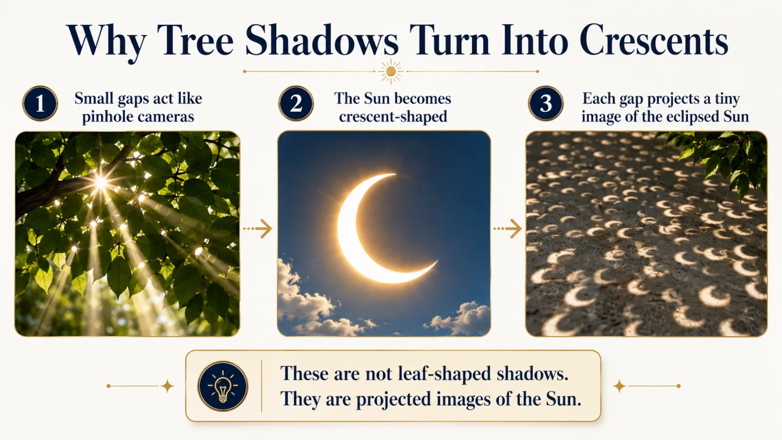 Crescent-shaped projections made by small gaps between leaves during a partial phase of a solar eclipse