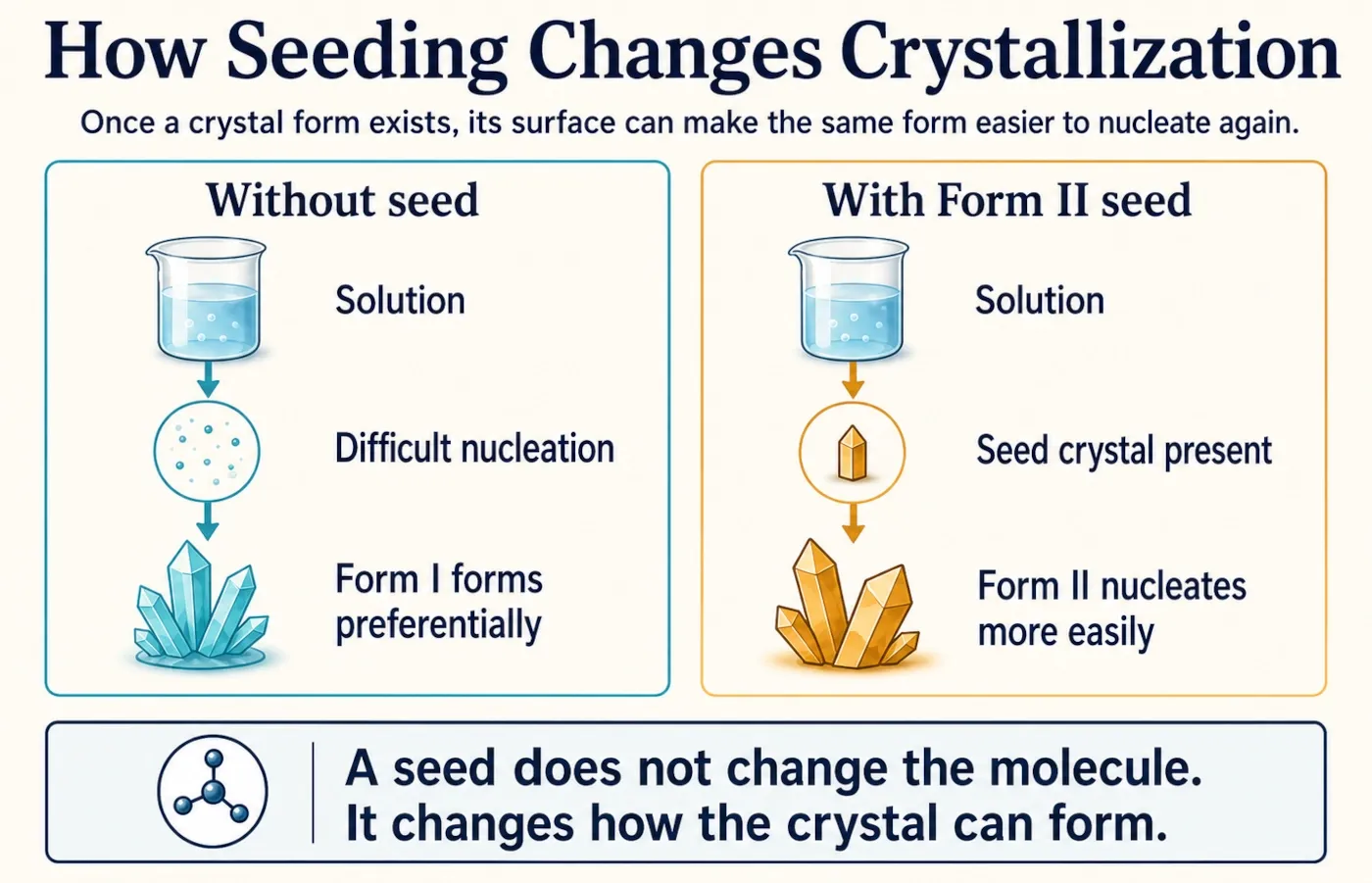 How a seed crystal can lower the practical barrier to nucleating the same polymorph