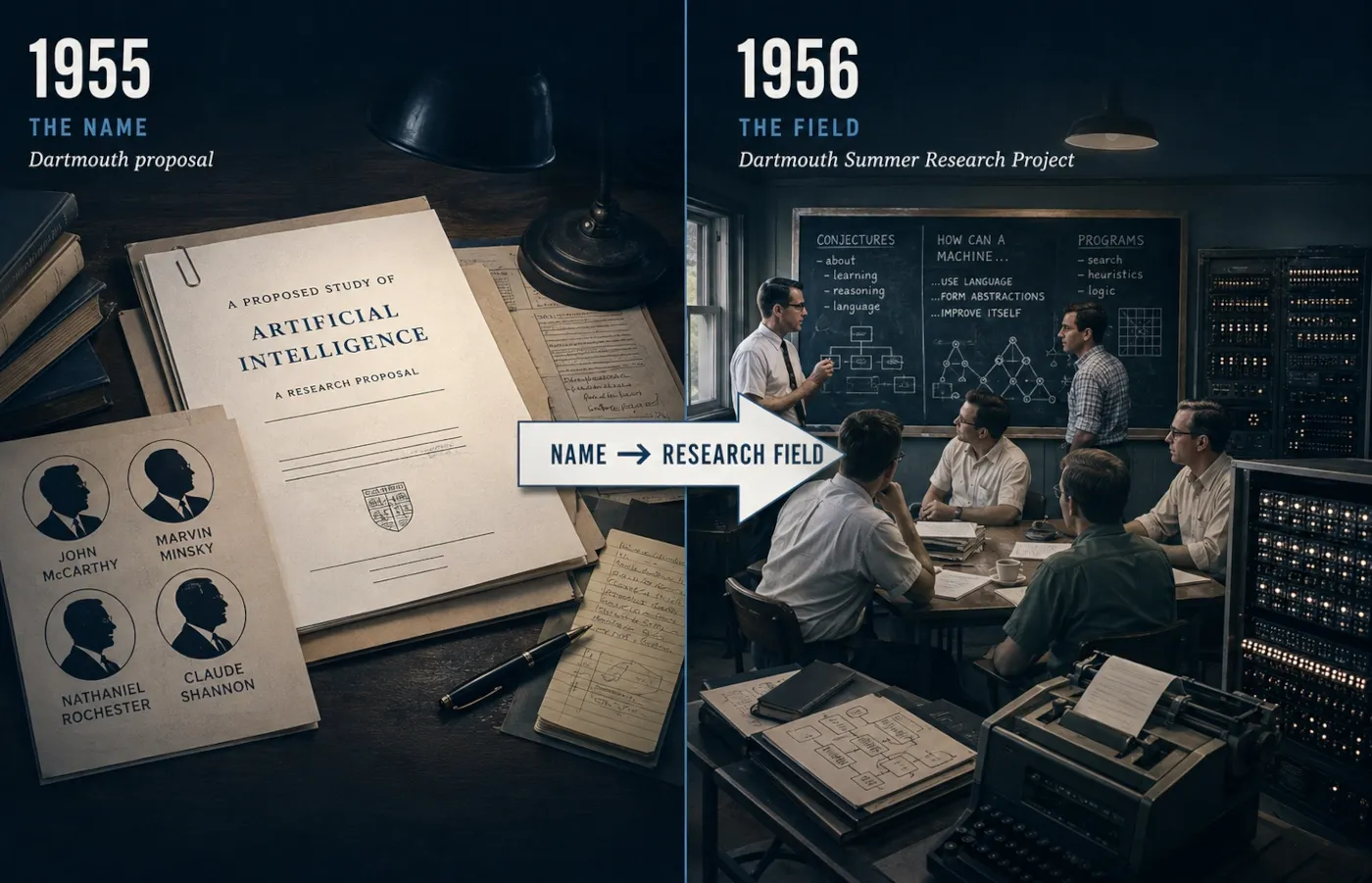 Difference between the 1955 Dartmouth AI proposal and the 1956 Dartmouth workshop that launched AI as a field