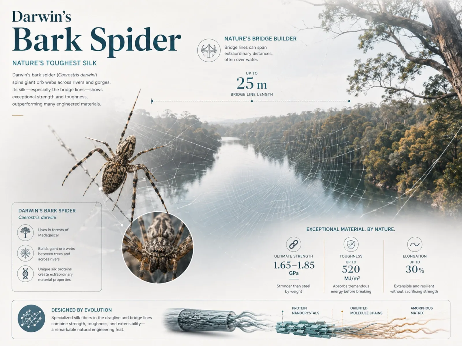Darwin’s bark spider web spanning water with a callout explaining its unusually tough dragline silk