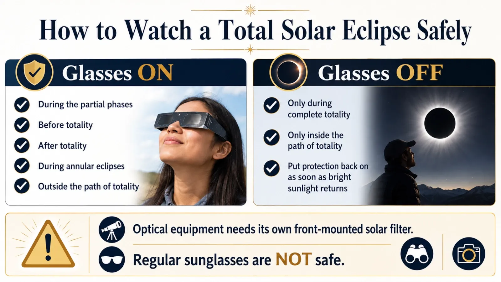 Eclipse safety guide showing when solar viewers are required and when they may be removed during complete totality