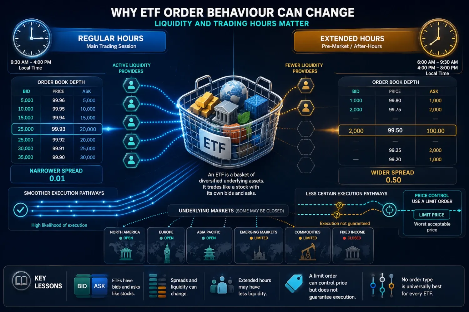 ETF order showing deeper regular-hours liquidity and wider spreads during extended-hours trading