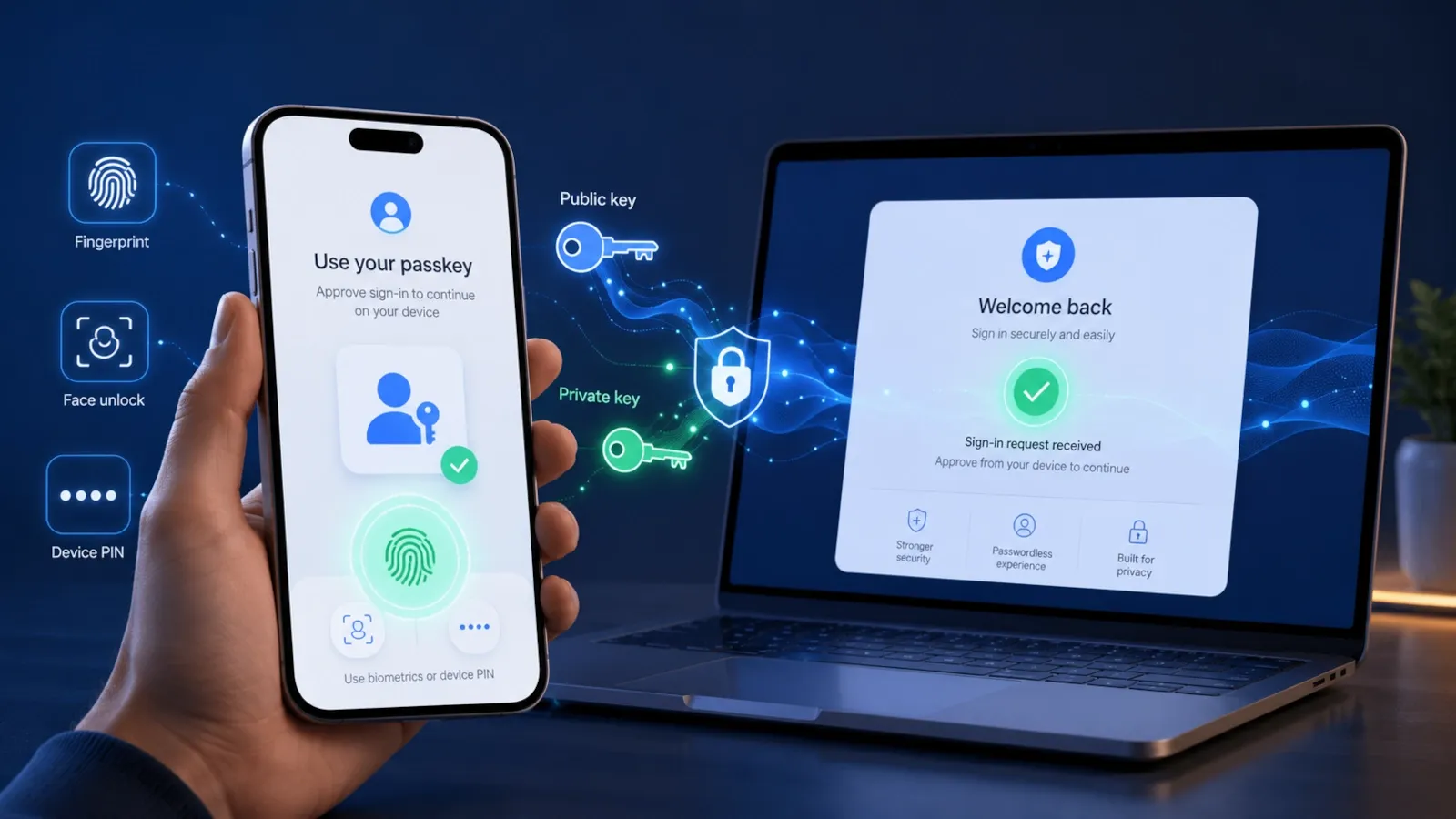 Person signing in with a passkey using a phone, fingerprint icon and security shield