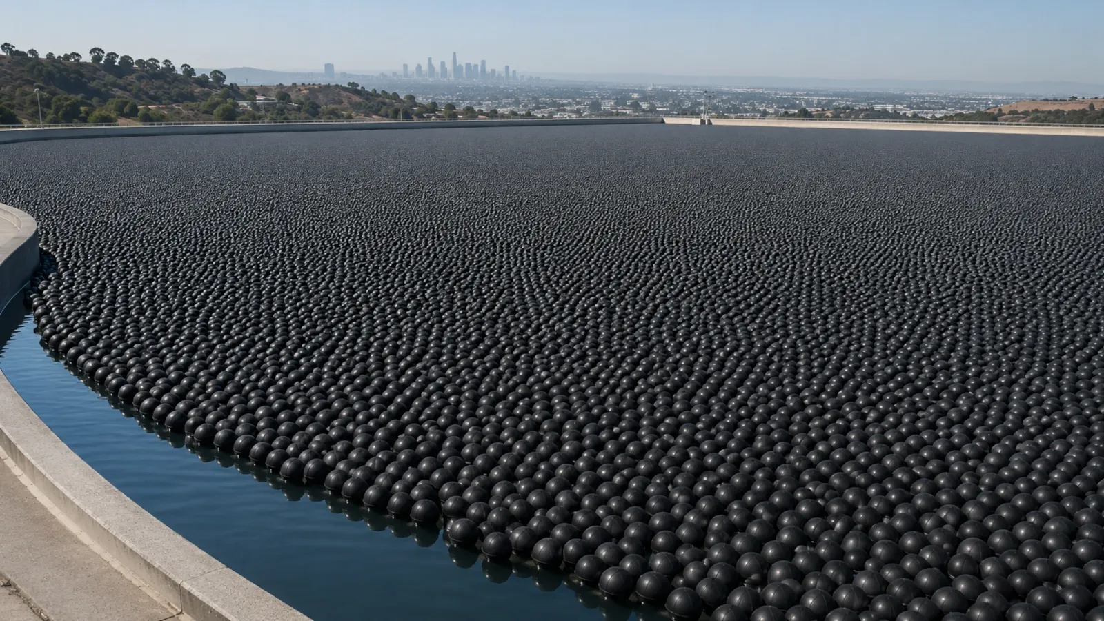 Millions of black shade balls covering the surface of the Los Angeles Reservoir