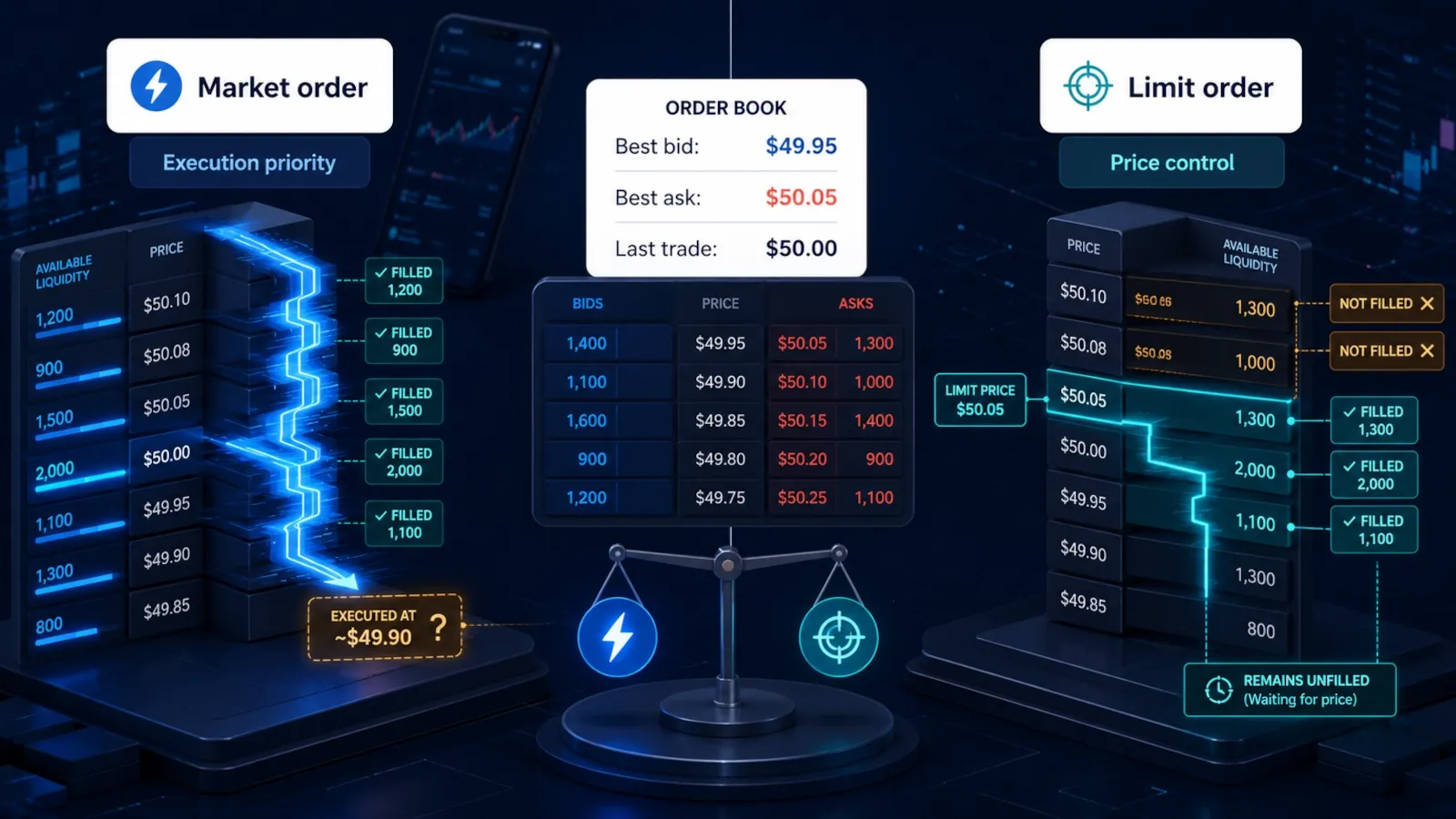 Trading interface comparing a market order with a limit order using bid and ask prices