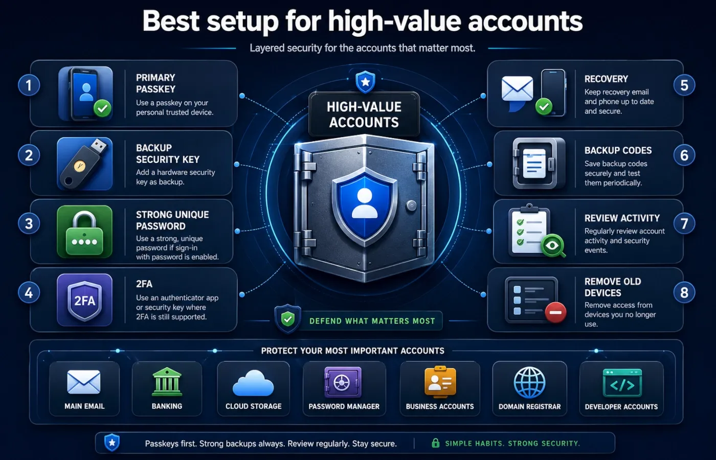 High-value account security setup with passkey, backup security key, strong password, 2FA and recovery protection