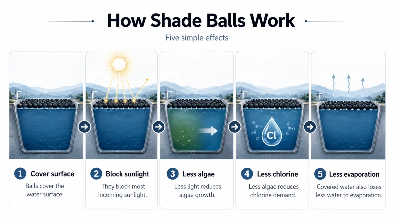 Step-by-step infographic showing how shade balls block sunlight, reduce algae, lower chlorine demand, and reduce evaporation