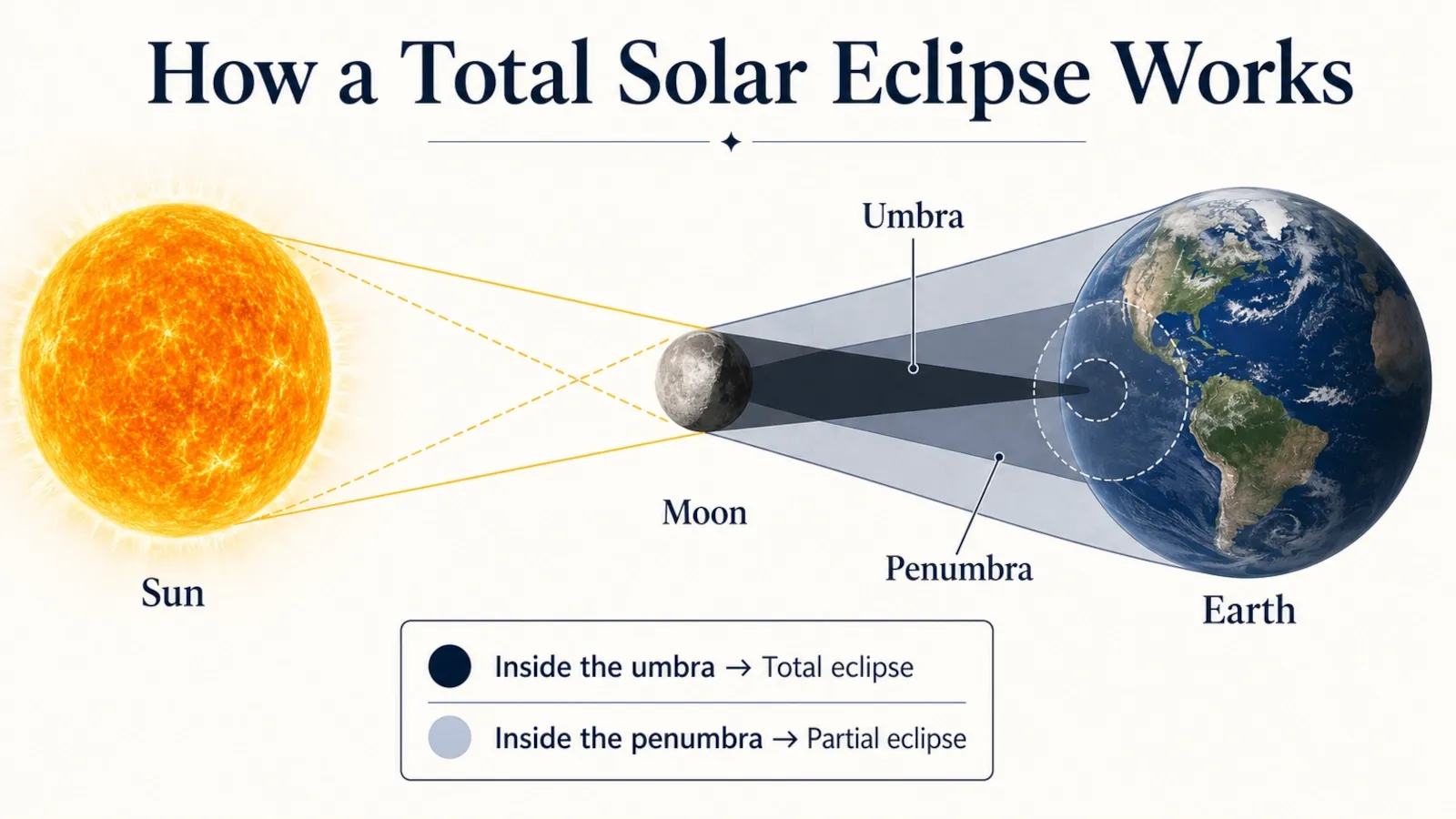 Diagram showing the Sun, Moon, umbra, penumbra and Earth during a total solar eclipse