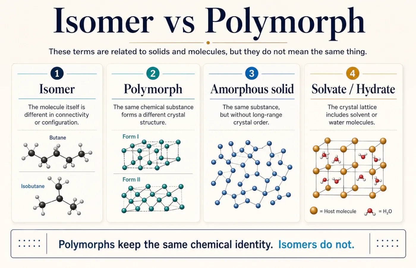 Difference between an isomer, a polymorph, an amorphous solid and a solvate