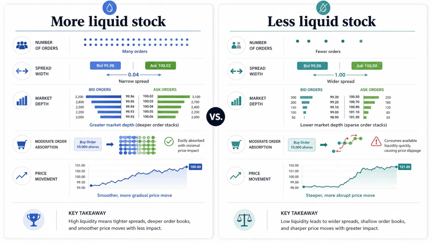 Comparison of a liquid stock with deep orders and an illiquid stock with wide spreads and limited depth