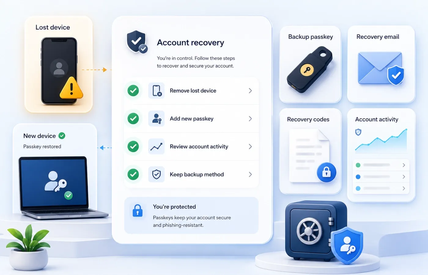 Recovery checklist for a lost device with passkeys, backup methods and account protection