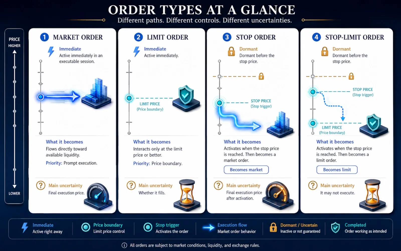Comparison of market, limit, stop and stop-limit orders with activation and execution rules