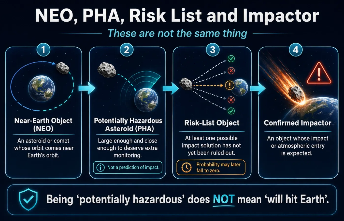 Diagram showing the difference between a near-Earth object, a potentially hazardous asteroid, a risk-list object and a confirmed impactor