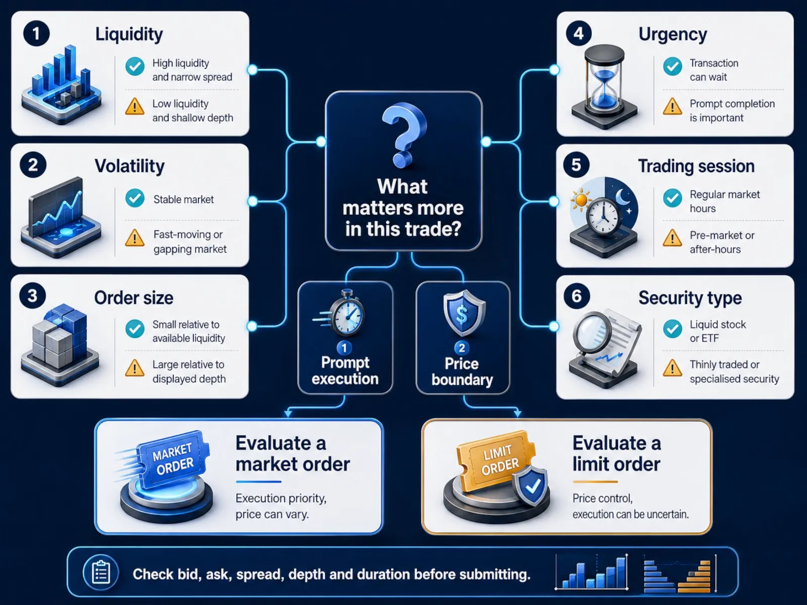 Decision matrix comparing urgency, liquidity, volatility and price control when choosing an order type