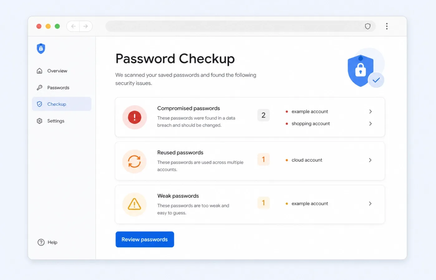 Password checkup dashboard showing compromised, reused, and weak password warnings