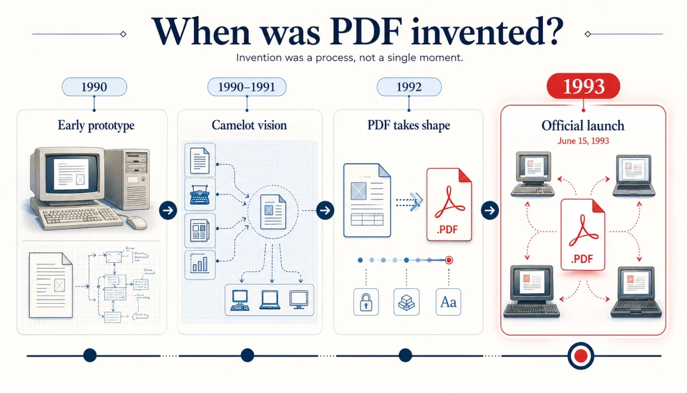 Timeline showing PDF development from early prototypes in 1990 to its official launch in 1993