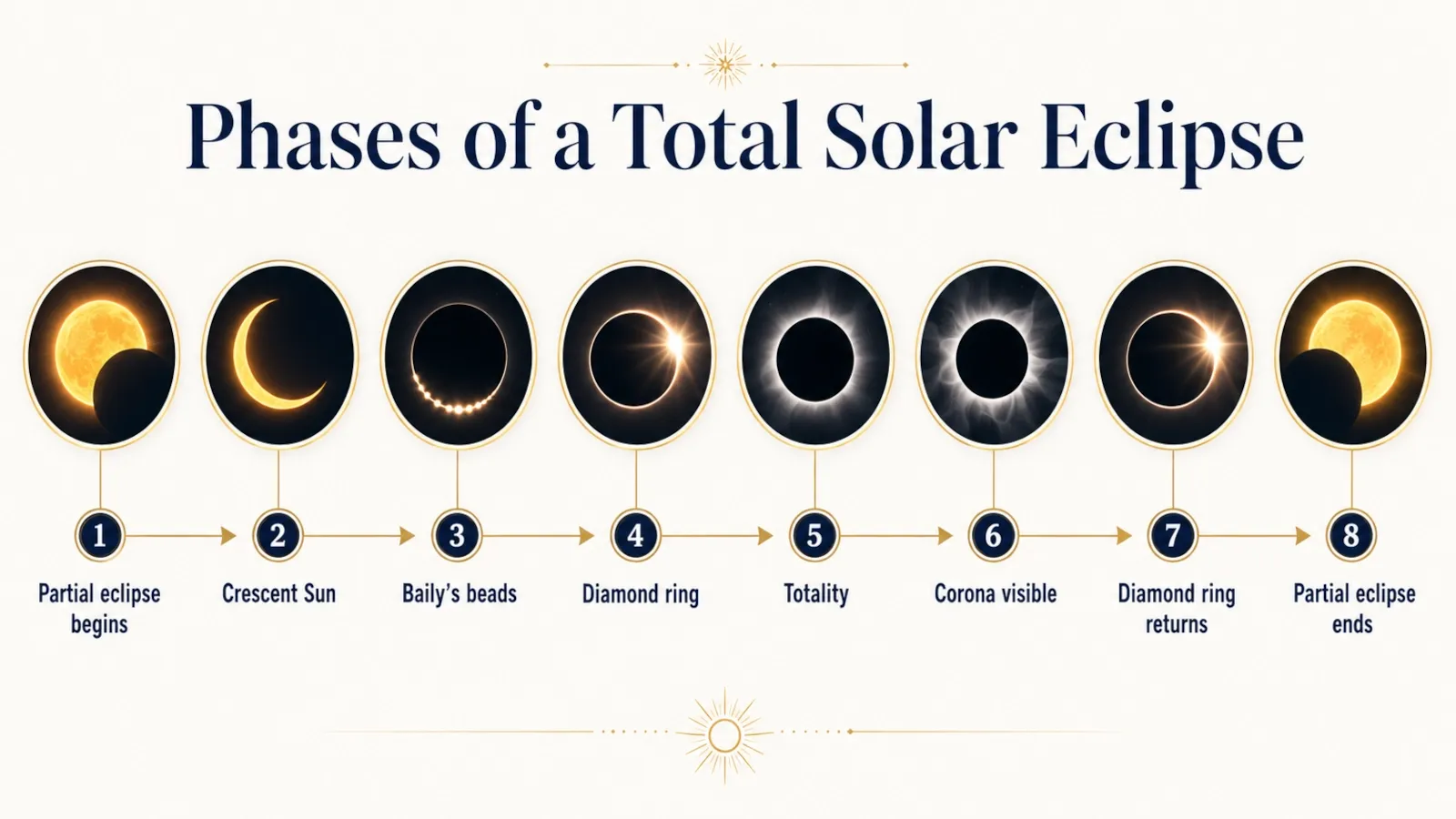Timeline showing the partial phases, Baily’s beads, diamond ring, totality and the returning Sun