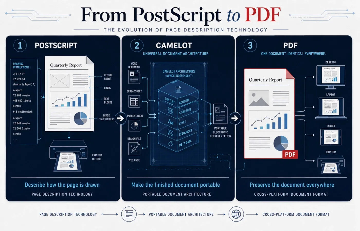 Diagram showing the evolution from PostScript through the Camelot Project to PDF