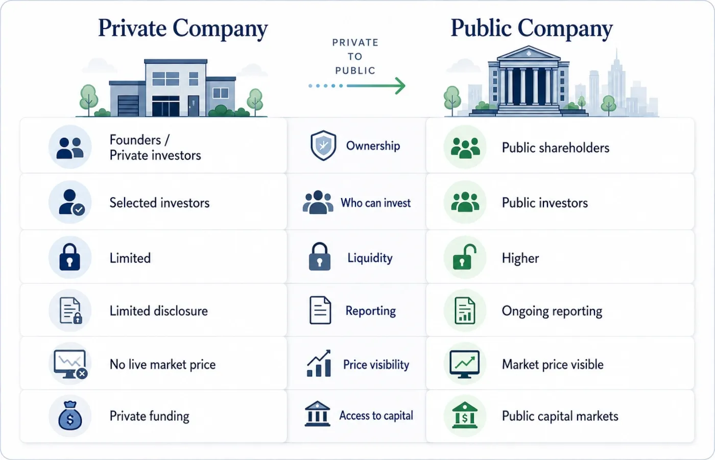 Visual comparison between a private company and a publicly traded company
