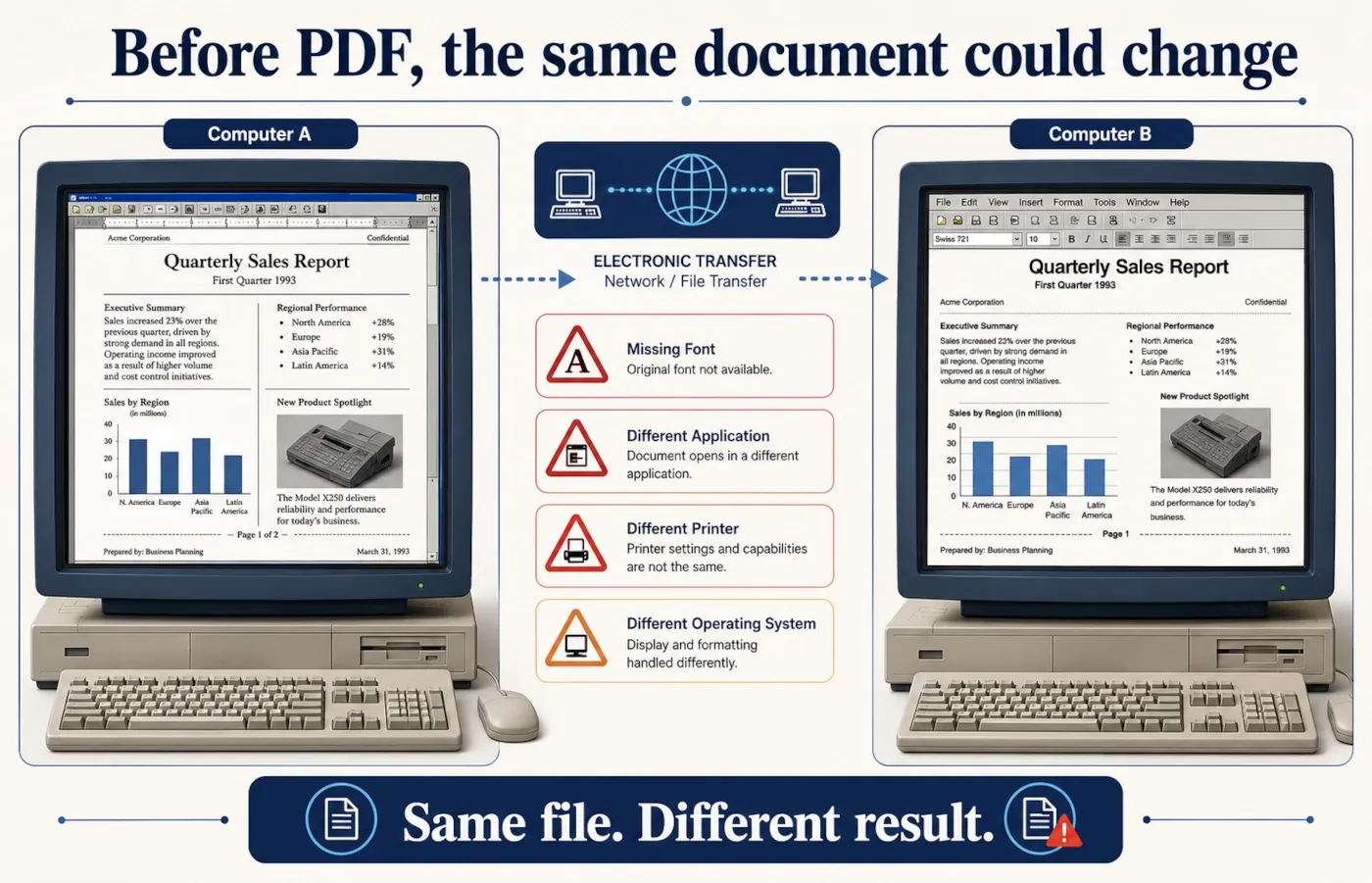 Illustration showing how document layouts could change between computers before PDF