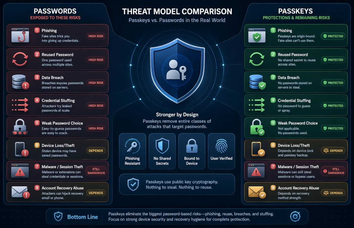 Security threat comparison for passkeys and passwords including phishing, data breaches, credential stuffing and device loss