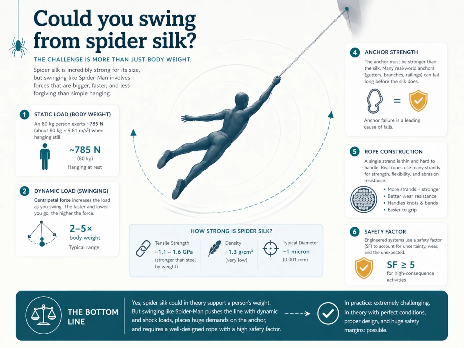 Infographic showing why swinging from spider silk involves dynamic forces, anchor strength and safety factors