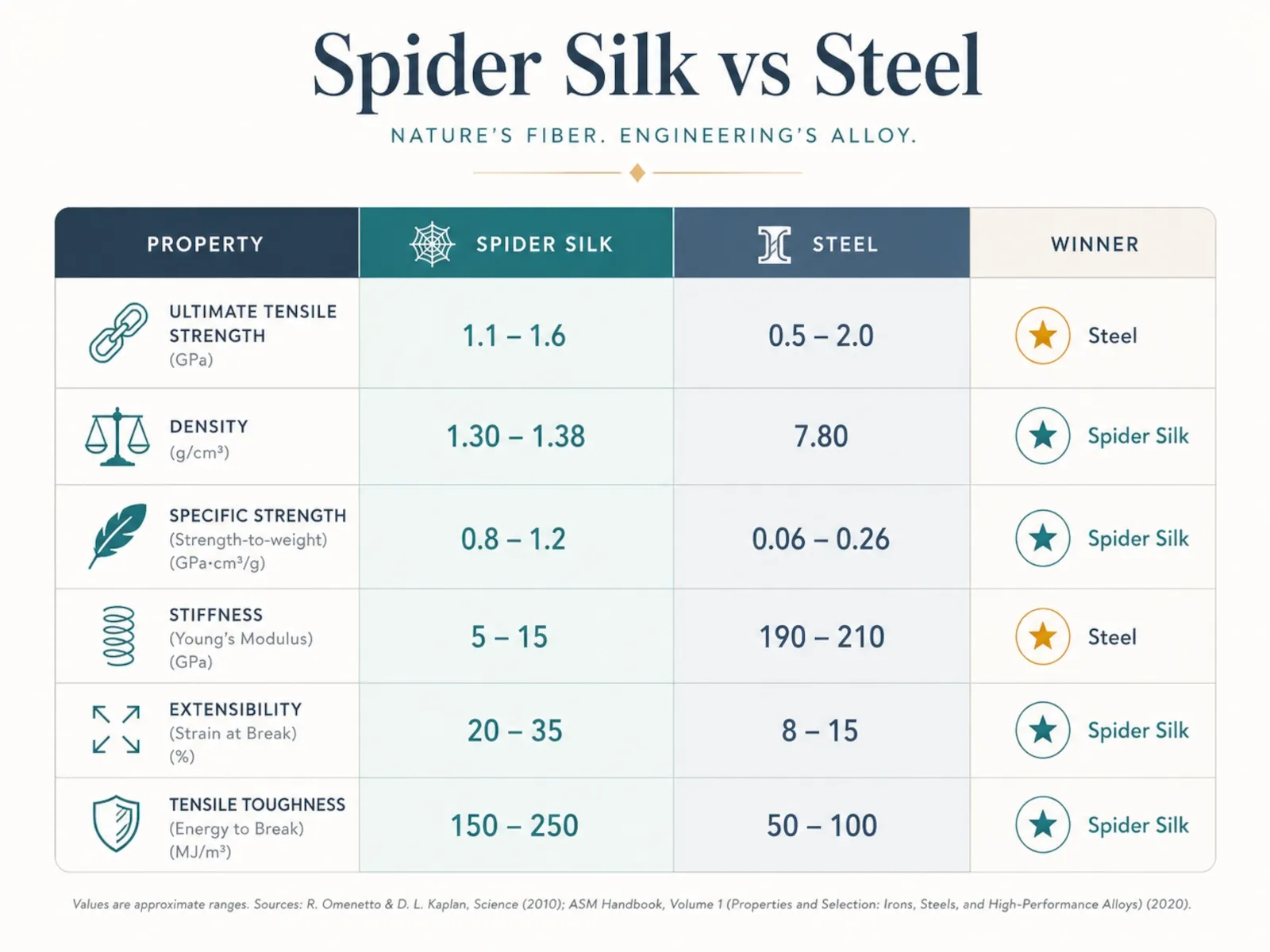 Comparison table showing spider silk and steel across tensile strength, density, stiffness, extensibility and toughness