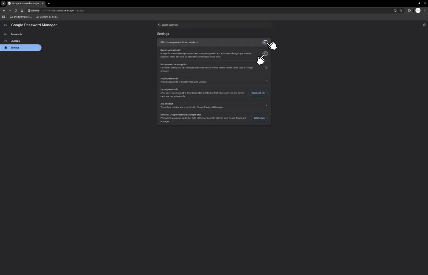 Turn off saving passwords in Chrome