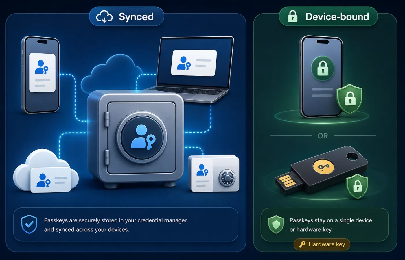 Passkeys stored across phone, laptop, password manager and hardware security key