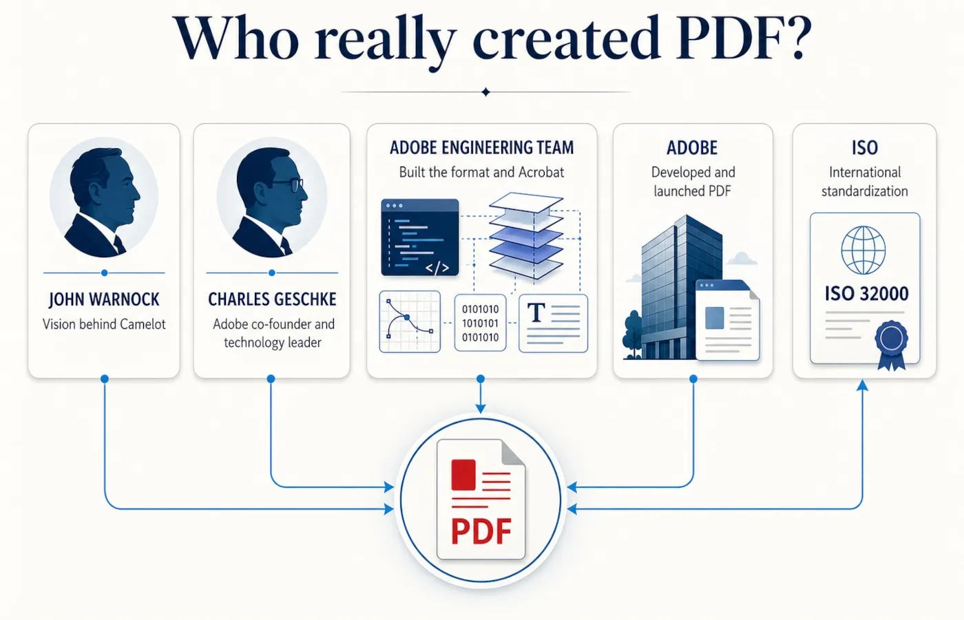 Diagram explaining the roles of John Warnock, Charles Geschke, Adobe engineers and ISO in the history of PDF